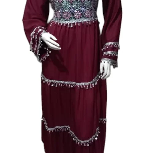maroon Afghani Gand dress with intricate embroidery, wide sleeves, and a flowing traditional design, crafted from luxurious fabric."