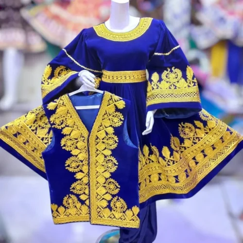 A traditional Afghani Gand dress featuring intricate embroidery, wide sleeves, and a flowing silhouette, representing Afghan cultural heritage."