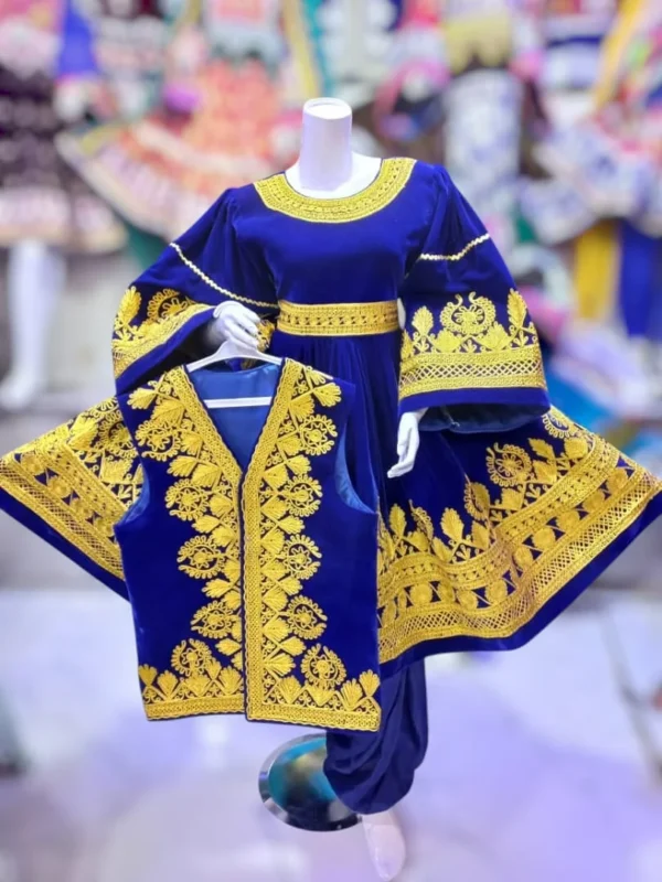 A traditional Afghani Gand dress featuring intricate embroidery, wide sleeves, and a flowing silhouette, representing Afghan cultural heritage."