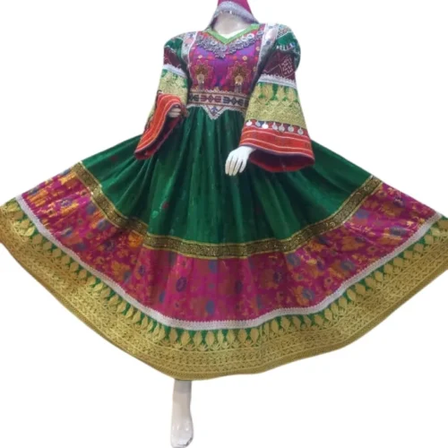 Half Afghani Gand dress with intricate embroidery, mirror work, and a flowing skirt, blending traditional Afghan patterns with a modern silhouette."