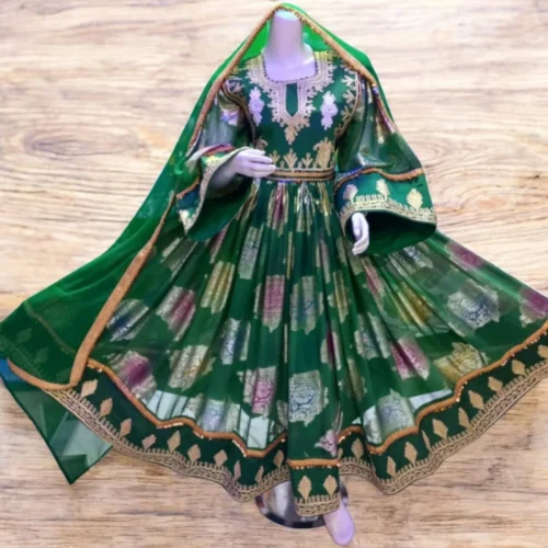 Traditional Afghani Gand dress with intricate embroidery, mirror work, and vibrant colors, representing Afghan cultural heritage."
