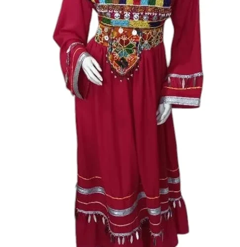 A traditional Afghani Gand dress with intricate embroidery, long flowing sleeves, and vibrant colors, displayed on a mannequin."