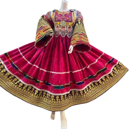 Traditional Afghani Gand dress with intricate embroidery, mirror work, and vibrant colors, representing Afghan cultural heritage."