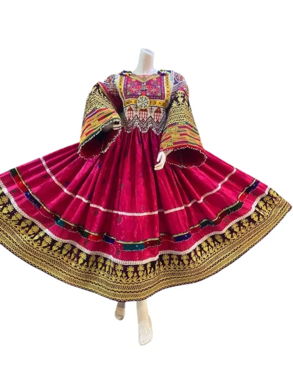 Traditional Afghani Gand dress with intricate embroidery, mirror work, and vibrant colors, representing Afghan cultural heritage."