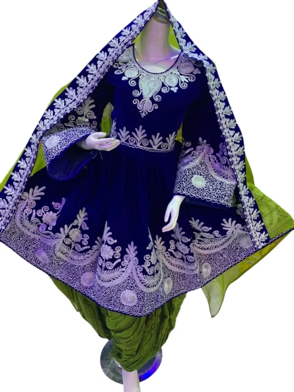 Half Afghani Gand dress with intricate embroidery, mirror work, and a flowing skirt, blending traditional Afghan patterns with a modern silhouette."