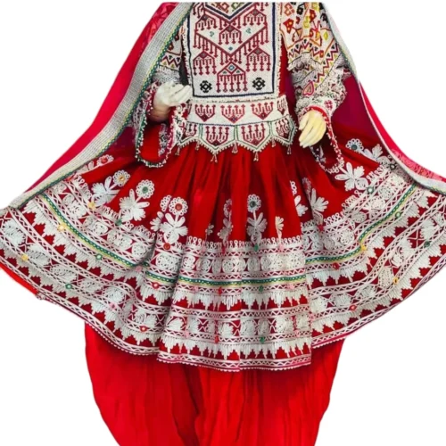 half Afghani Gand dress with intricate embroidery, wide sleeves, and a stylish blend of tradition and modern fashion."