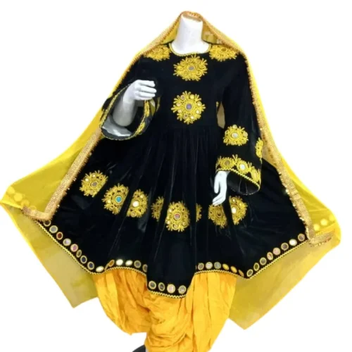Half Afghani Gand dress with intricate embroidery, mirror work, and a flowing skirt, blending traditional Afghan patterns with a modern silhouette."