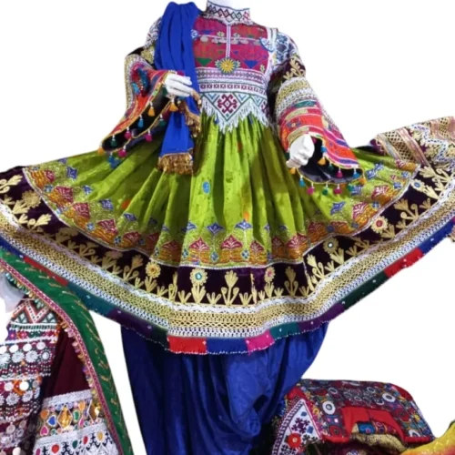 Half Afghani Gand dress with intricate embroidery, mirror work, and a flowing skirt, blending traditional Afghan patterns with a modern silhouette."