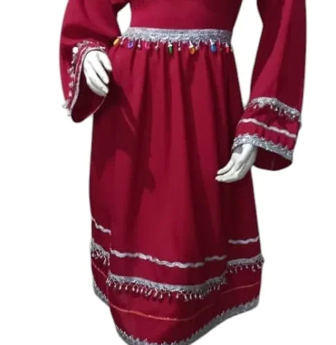 maroon half Afghani Gand dress with intricate gold embroidery, wide sleeves, and a traditional design, displayed against a neutral background."