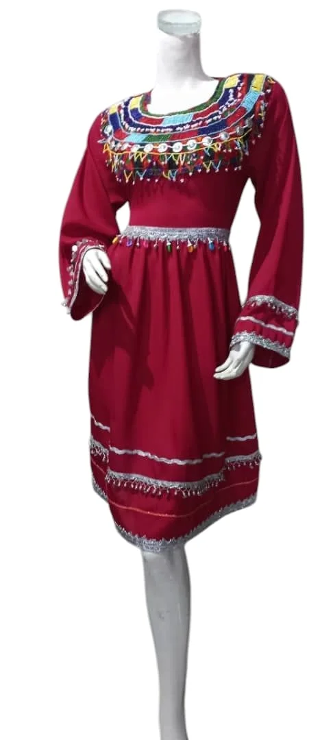 maroon half Afghani Gand dress with intricate gold embroidery, wide sleeves, and a traditional design, displayed against a neutral background."