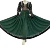 dark green Afghani Gand dress made of chiffon fabric, featuring intricate embroidery and flowing wide sleeves, displayed elegantly."