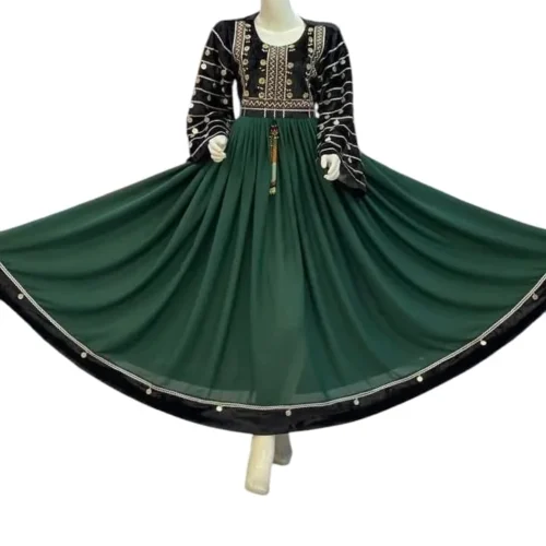 dark green Afghani Gand dress made of chiffon fabric, featuring intricate embroidery and flowing wide sleeves, displayed elegantly."