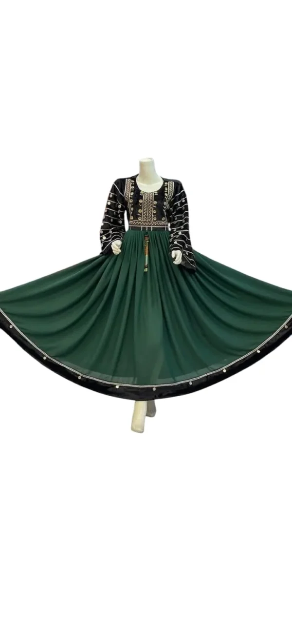 dark green Afghani Gand dress made of chiffon fabric, featuring intricate embroidery and flowing wide sleeves, displayed elegantly."