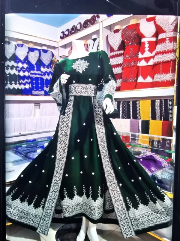 traditional Hazaragi dress with intricate embroidery, vibrant colors, and cultural patterns, reflecting the rich heritage of the Hazara people."