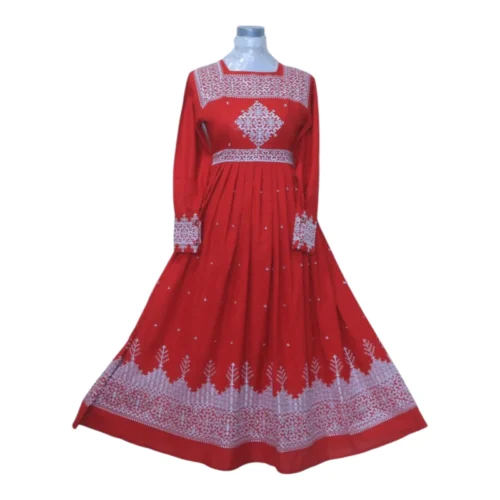 A stunning Hazaragi embroidered dress featuring intricate handmade embroidery, vibrant colors, and traditional beadwork, reflecting the rich cultural heritage of the Hazara people."