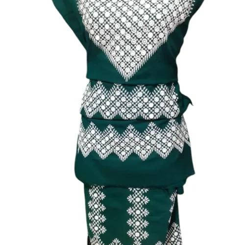 traditional Hazaragi dress adorned with intricate mirror work, colorful embroidery, and a flowing silhouette, reflecting Afghan heritage."