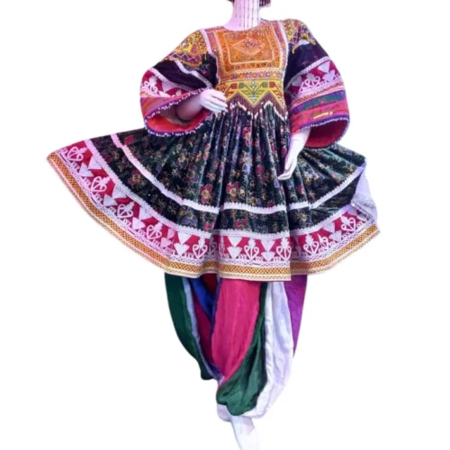 Half Afghani Gand dress with intricate embroidery, mirror work, and a flowing skirt, blending traditional Afghan patterns with a modern silhouette."