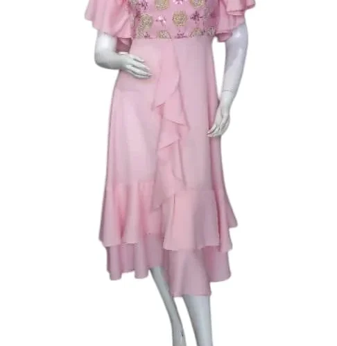 baby pink party wear dress with delicate embroidery, soft fabric, and a flowing silhouette, perfect for special occasions."