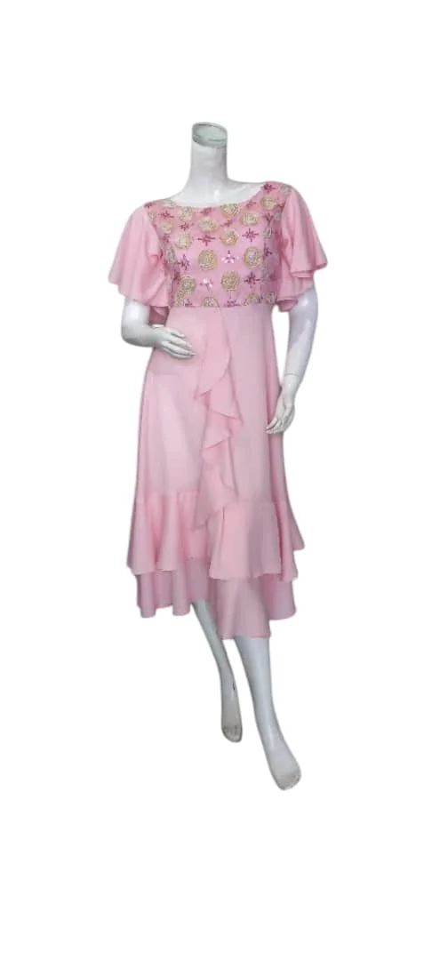 baby pink party wear dress with delicate embroidery, soft fabric, and a flowing silhouette, perfect for special occasions."