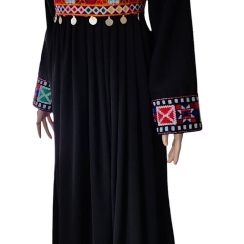 traditional Afghan dress with vibrant colors, intricate embroidery, and decorative mirrors, showcasing Afghan cultural heritage.
