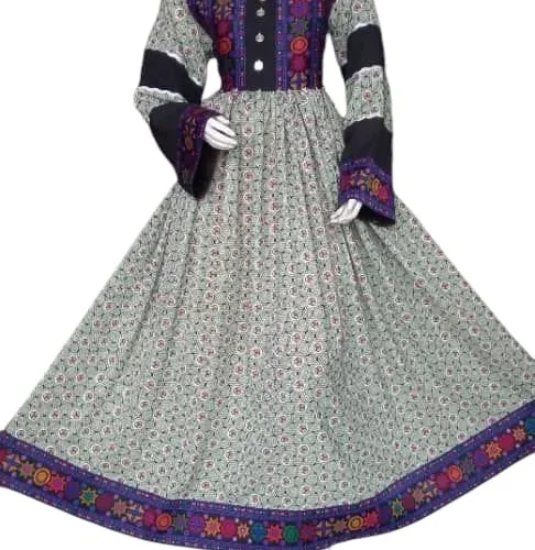 A traditional Afghani Gand dress with intricate embroidery, long flowing sleeves, and vibrant colors, displayed on a mannequin."